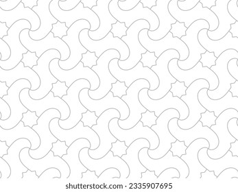 Seamless pattern with stars and curved lines on white background. Vector abstract geometric design. Decorative lattice in Arabic style. Ornament for textile, fabric and wrapping.