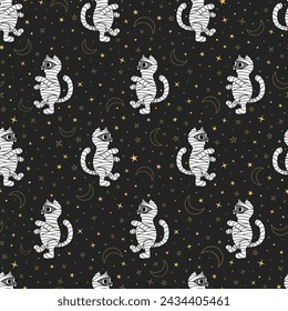 Seamless pattern with stars and cute cats dressed in a mummy costume and walking scary on a Halloween night. Lovely kitten art, flat vector illustration. Trick or treat holiday.