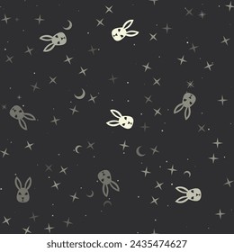 Seamless pattern with stars, cute hare head symbols on black background. Night sky. Vector illustration on black background