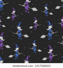 Seamless pattern with stars and cute witches flying on a broom. Fun Halloween night flat vector illustration.