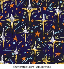 Seamless pattern. Stars in the dark sky. In the style of a childish drawing by hand.
