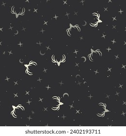 Seamless pattern with stars, deer horns symbols on black background. Night sky. Vector illustration on black background