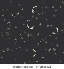 Seamless pattern with stars, deer horns symbols on black background. Night sky. Vector illustration on black background