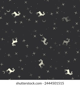 Seamless pattern with stars, deer symbols on black background. Night sky. Vector illustration on black background