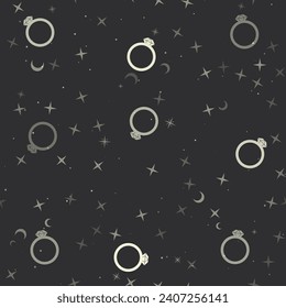 Seamless pattern with stars, diamond ring symbols on black background. Night sky. Vector illustration on black background