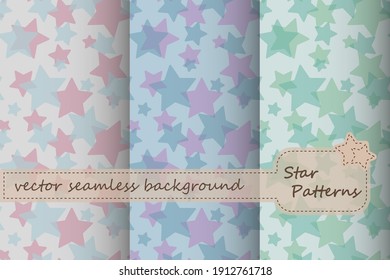 Seamless pattern. Stars of different sizes isolated on white background. Shades of green, blue and pink. Vector illustration. 