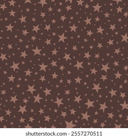 Seamless pattern with stars of different sizes. Mocha Mousse color asterisks on brown background. Wrapping paper, wallpaper, for kids. Pattern for the record of children room, holidays, for babies.