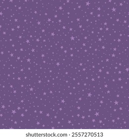 Seamless pattern with stars of different sizes. Lilac asterisks on purple background. Wrapping paper, wallpaper, for kids. Pattern for the record of children room, holidays, for babies.