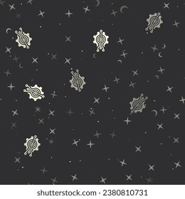Seamless pattern with stars, digital tech symbols on black background. Night sky. Vector illustration on black background