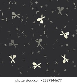 Seamless pattern with stars, dinner time symbols on black background. Night sky. Vector illustration on black background