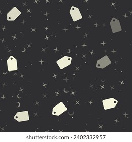 Seamless pattern with stars, discount label symbols on black background. Night sky. Vector illustration on black background