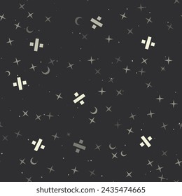 Seamless pattern with stars, division symbols on black background. Night sky. Vector illustration on black background