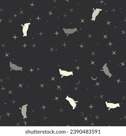 Seamless pattern with stars, dog symbols on black background. Night sky. Vector illustration on black background