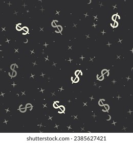 Seamless pattern with stars, dollar symbols on black background. Night sky. Vector illustration on black background