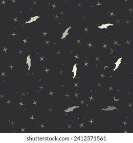 Seamless pattern with stars, dolphin symbols on black background. Night sky. Vector illustration on black background