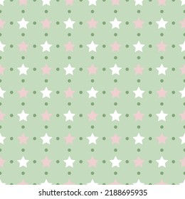 Nahtloses Muster mit Sternen und Punkten auf grünem Hintergrund. Design für den Druck auf Textilien, Bekleidung und Packpapier