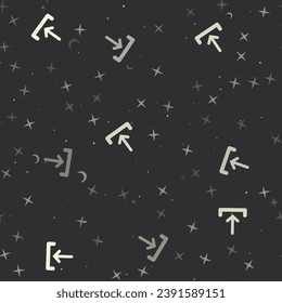 Seamless pattern with stars, download symbols on black background. Night sky. Vector illustration on black background