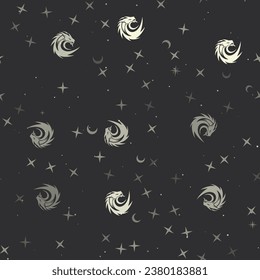 Seamless pattern with stars, dragon's head symbols on black background. Night sky. Vector illustration on black background