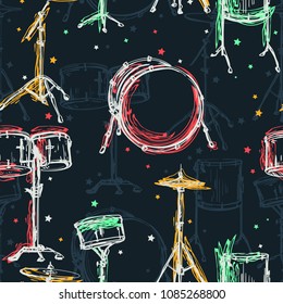 Seamless pattern with stars, drum kit and splashes in watercolor style. Colorful hand drawn vector illustration 