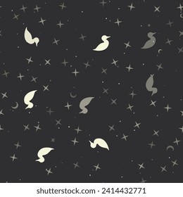 Seamless pattern with stars, duck symbols on black background. Night sky. Vector illustration on black background