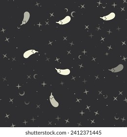 Seamless pattern with stars, eggplant symbols on black background. Night sky. Vector illustration on black background