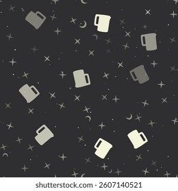 Seamless pattern with stars, electric kettle symbols on black background. Night sky. Vector illustration on black background