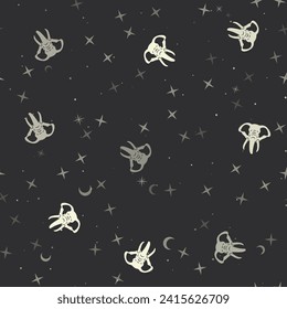 Seamless pattern with stars, elephant heads on black background. Night sky. Vector illustration on black background