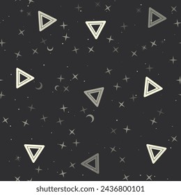 Seamless pattern with stars, emergency stop signs on black background. Night sky. Vector illustration on black background