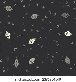 Seamless pattern with stars, ethereum symbols on black background. Night sky. Vector illustration on black background