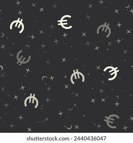 Seamless pattern with stars, euro symbols on black background. Night sky. Vector illustration on black background