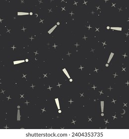 Patrón sin brillo con estrellas, símbolos de exclamación sobre fondo negro. Cielo nocturno. Ilustración del vector sobre fondo negro