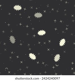 Seamless pattern with stars, explosion symbols on black background. Night sky. Vector illustration on black background