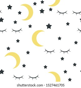 Seamless pattern with stars and eyelashes textured vector background baby print on white in flat design for baby textiles and other printing. All items are available for editing.