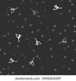 Seamless pattern with stars, female figure skating symbols on black background. Night sky. Vector illustration on black background