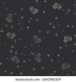 Seamless pattern with stars, fiery horse symbols on black background. Night sky. Vector illustration on black background