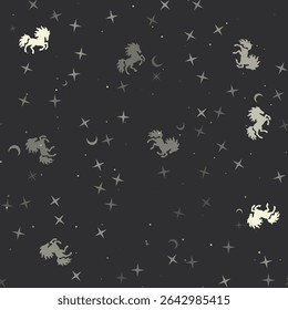 Seamless pattern with stars, fiery horse symbols on black background. Night sky. Vector illustration on black background
