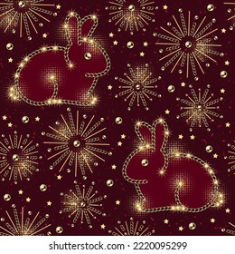 Seamless pattern with stars, fireworks, cute rabbit made of jewelry gold chains. Small shiny stars, sparkles on deep red background.