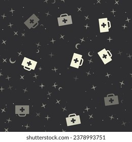 Patrón sin brillo con estrellas, símbolos de primeros auxilios sobre fondo negro. Cielo nocturno. Ilustración del vector sobre fondo negro