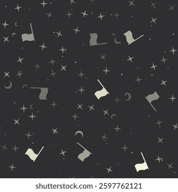 Seamless pattern with stars, flag symbols on black background. Night sky. Vector illustration on black background