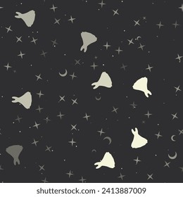 Seamless pattern with stars, flared dress symbols on black background. Night sky. Vector illustration on black background