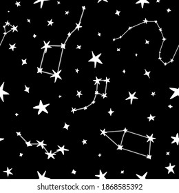 Seamless pattern of stars in flat style. Pattern with planets and stars. Vector black background, perfect for fabric, textile, wallpaper, wrap paper