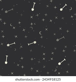 Seamless pattern with stars, floor lamp symbols on black background. Night sky. Vector illustration on black background