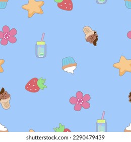 Seamless pattern with stars, flowers, strawberry,cute cupcakes and drink in the doodle kawaii
