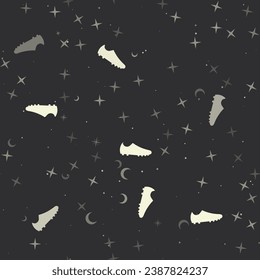 Seamless pattern with stars, football boot symbols on black background. Night sky. Vector illustration on black background