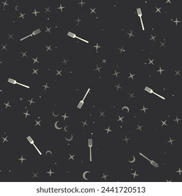 Seamless pattern with stars, forks on black background. Night sky. Vector illustration on black background