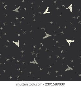 Seamless pattern with stars, fox symbols on black background. Night sky. Vector illustration on black background