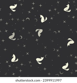 Seamless pattern with stars, fox symbols on black background. Night sky. Vector illustration on black background