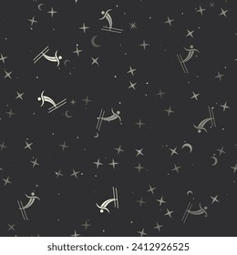 Seamless pattern with stars, freestyle skiing symbols on black background. Night sky. Vector illustration on black background
