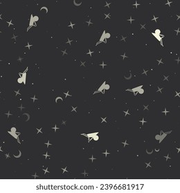 Seamless pattern with stars, garden wheelbarrow symbols on black background. Night sky. Vector illustration on black background