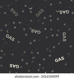 Seamless pattern with stars, gas text symbols on black background. Night sky. Vector illustration on black background